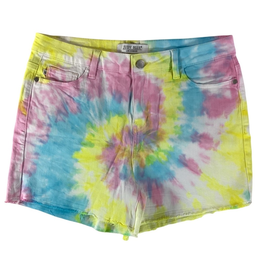 Judy Blue Tie Dye Shorts Women's L Multi Color Spiral Raw Hem High Rise Festival - Picture 2 of 12